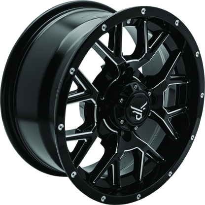 QuadBoss aluminum wheel with 14x7 size and 5+2 offset for powersports vehicles, featuring a barbwire design.