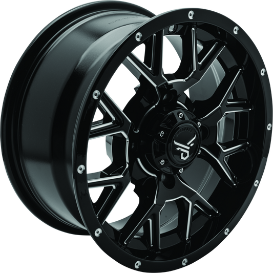 QuadBoss aluminum wheel with 14x7 size and 5+2 offset for powersports vehicles, featuring a barbwire design.