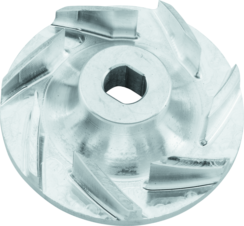 QuadBoss Billet Water Pump Impeller for Polaris Ranger 700 and RZR 800, showing the durable metal construction and detailed blade design.