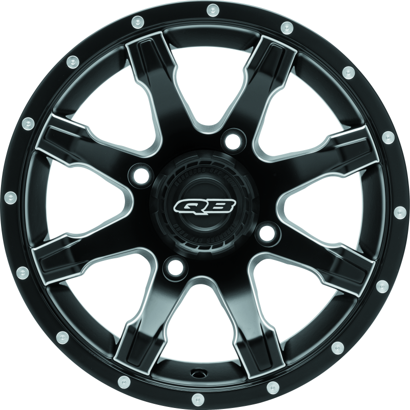 QuadBoss Grinder 14x7 wheel with 4/137 bolt pattern and 5+2 offset for powersports vehicles, shown in black with a rugged design.