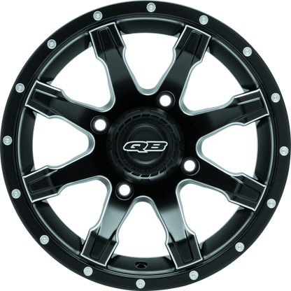 QuadBoss Grinder 14x7 wheel with 4/137 bolt pattern and 5+2 offset for powersports vehicles, shown in black with a rugged design.