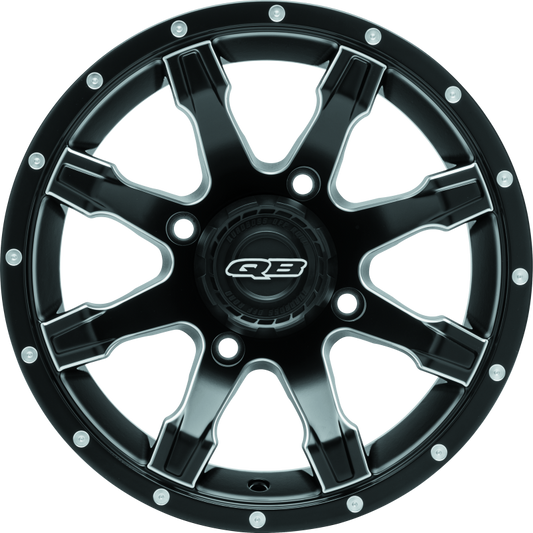 QuadBoss Grinder 14x7 wheel with 4/137 bolt pattern and 5+2 offset for powersports vehicles, shown in black with a rugged design.