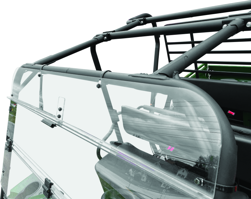 QuadBoss KAF620 Mule 4010 folding windshield for Kawasaki Mule 4010 4x4, shown installed on vehicle with clear glass and frame.