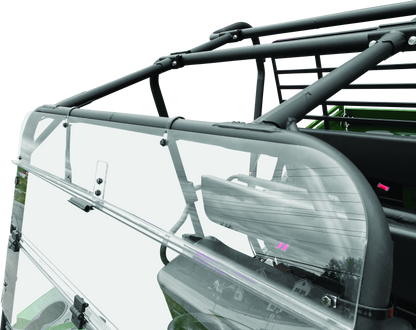 QuadBoss KAF620 Mule 4010 folding windshield for Kawasaki Mule 4010 4x4, shown installed on vehicle with clear glass and frame.