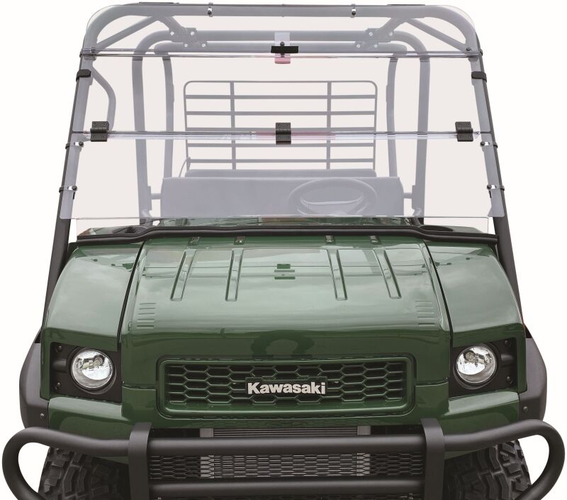 QuadBoss folding windshield for Kawasaki KAF620 Mule 4010 4x4, clear plastic with black mounting frame, shown folded on vehicle.
