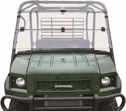 QuadBoss folding windshield for Kawasaki KAF620 Mule 4010 4x4, clear plastic with black mounting frame, shown folded on vehicle.