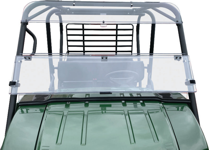 QuadBoss folding windshield for Kawasaki KAF620 Mule 4010 4x4, clear polycarbonate with black mounting frame.