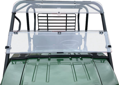 QuadBoss folding windshield for Kawasaki KAF620 Mule 4010 4x4, clear polycarbonate with black mounting frame.