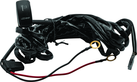 QuadBoss Qb Whip wire harness with Carling-style rocker switch for LED lighted whips, showing the switch and wiring components.