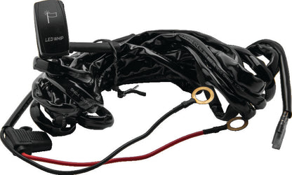 QuadBoss Qb Whip wire harness with Carling-style rocker switch for LED lighted whips, showing the switch and wiring components.