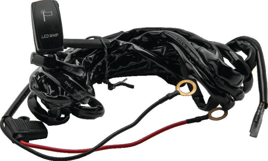 QuadBoss Qb Whip wire harness with Carling-style rocker switch for LED lighted whips, showing the switch and wiring components.
