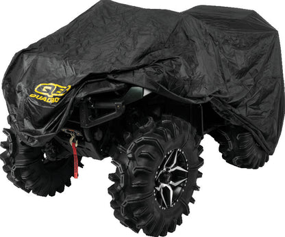 QuadBoss Quad Cover XL in camo, heavy-duty waterproof powersports cover for ATV and UTV, shown protecting the vehicle.