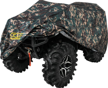 QuadBoss Quad Cover XL in camo, heavy-duty waterproof powersports cover for ATV and UTV protection, shown covering the vehicle.