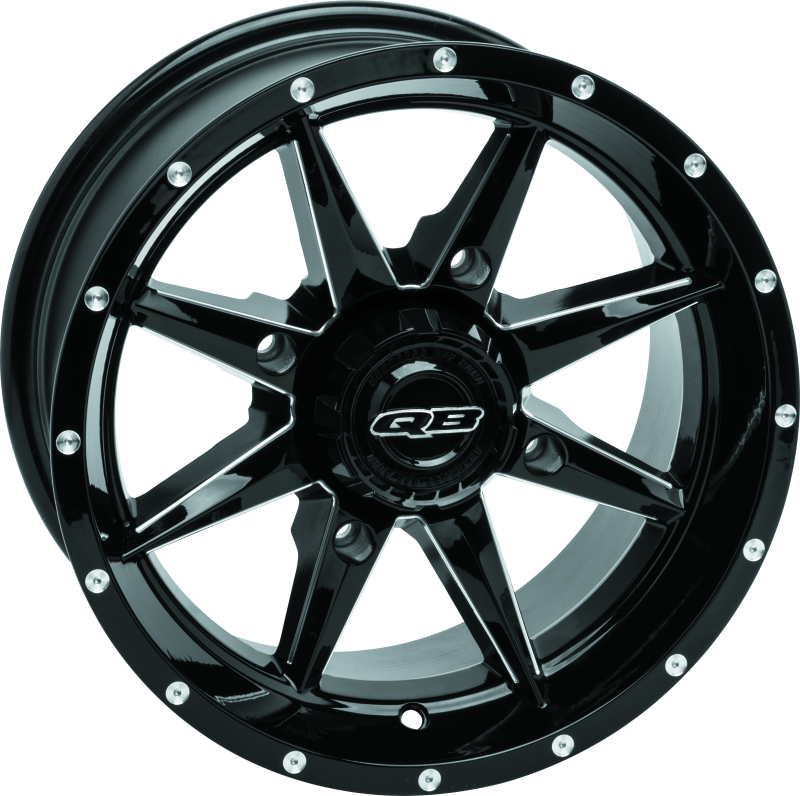 QuadBoss Slicer 14x7 PowerSports wheels in black with a rugged alloy finish, designed for off-road vehicles.