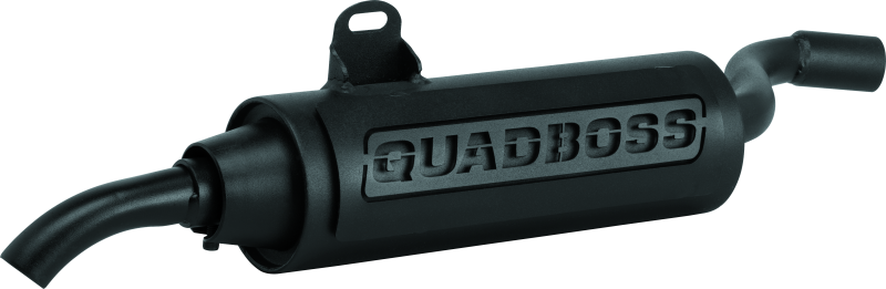 QuadBoss slip-on muffler for Honda ATC250ES 1985-1987, black steel exhaust with welded internals, shown on a motorcycle.