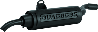 QuadBoss slip-on muffler for Honda ATC250ES 1985-1987, black steel exhaust with welded internals, shown on a motorcycle.