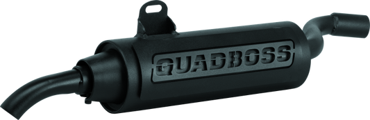 QuadBoss slip-on muffler for Honda ATC250ES 1985-1987, black steel exhaust with welded internals, shown on a motorcycle.