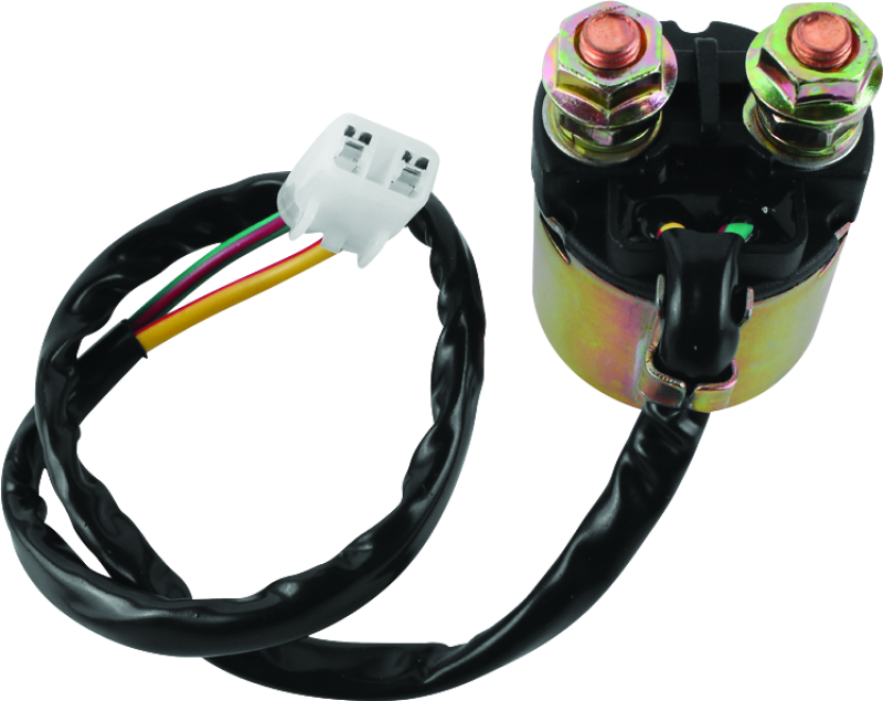 QuadBoss starter solenoid and relay for Honda ATC200M and Rancher models, showing the black relay with wiring connections.
