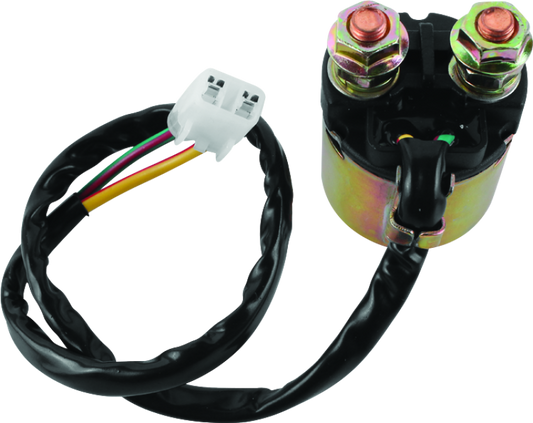 QuadBoss starter solenoid and relay for Honda ATC200M and Rancher models, showing the black relay with wiring connections.