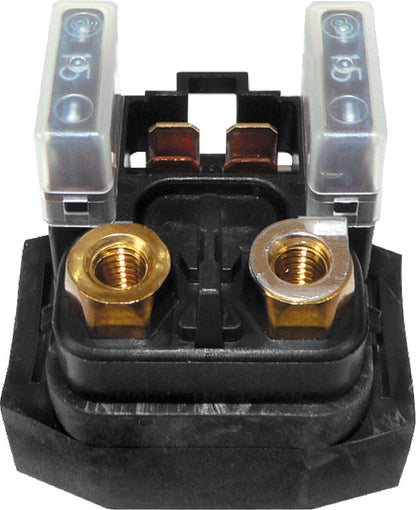 QuadBoss universal starter solenoid for powersports vehicles, showing the black metal component with wiring connections.