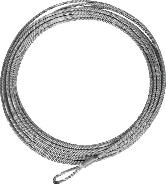 QuadBoss winch cable, 39 ft long, 3/16 inch diameter, rated for 2,500 lb capacity, used for powersports vehicles.