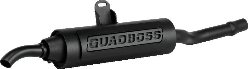 QuadBoss Yamaha YFM350FW & YFM400F Big Bear slip-on muffler showing the black metal exhaust part with branding and mounting details.