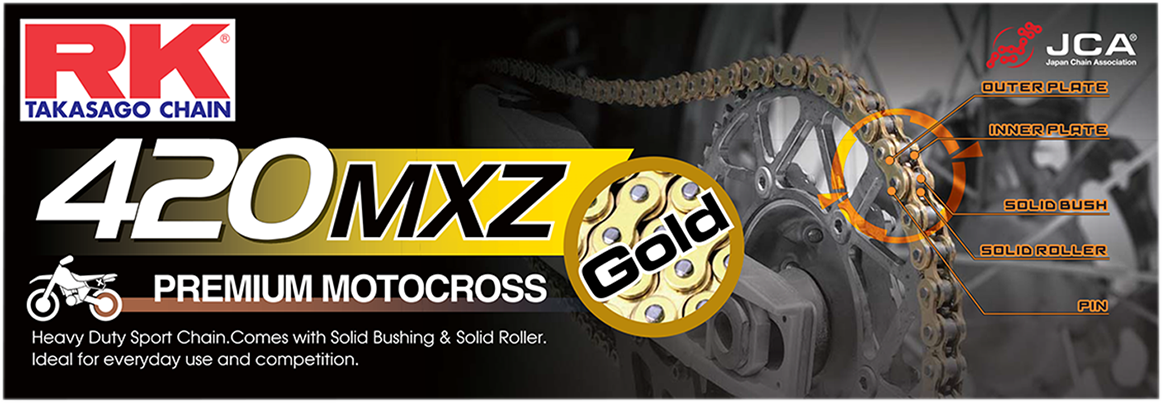 RK 420 MXZ heavy-duty drive chain with 110 links, compatible with motorcycles and heavy machinery, shown in the image.
