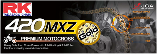 RK 420 MXZ heavy-duty drive chain with 110 links, compatible with motorcycles and heavy machinery, shown in the image.