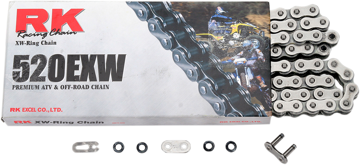 RK 520 EXW Drive Chain for off-road motorcycles, 100-link motorcycle chain with durable steel links and precise fit.
