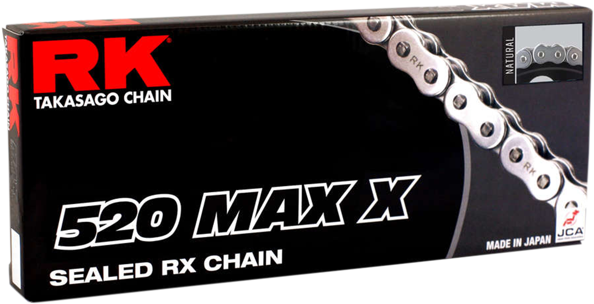 RK Max X Chain 520 with 150 links in red, durable motorcycle chain with part number 520MAXX-150-RR