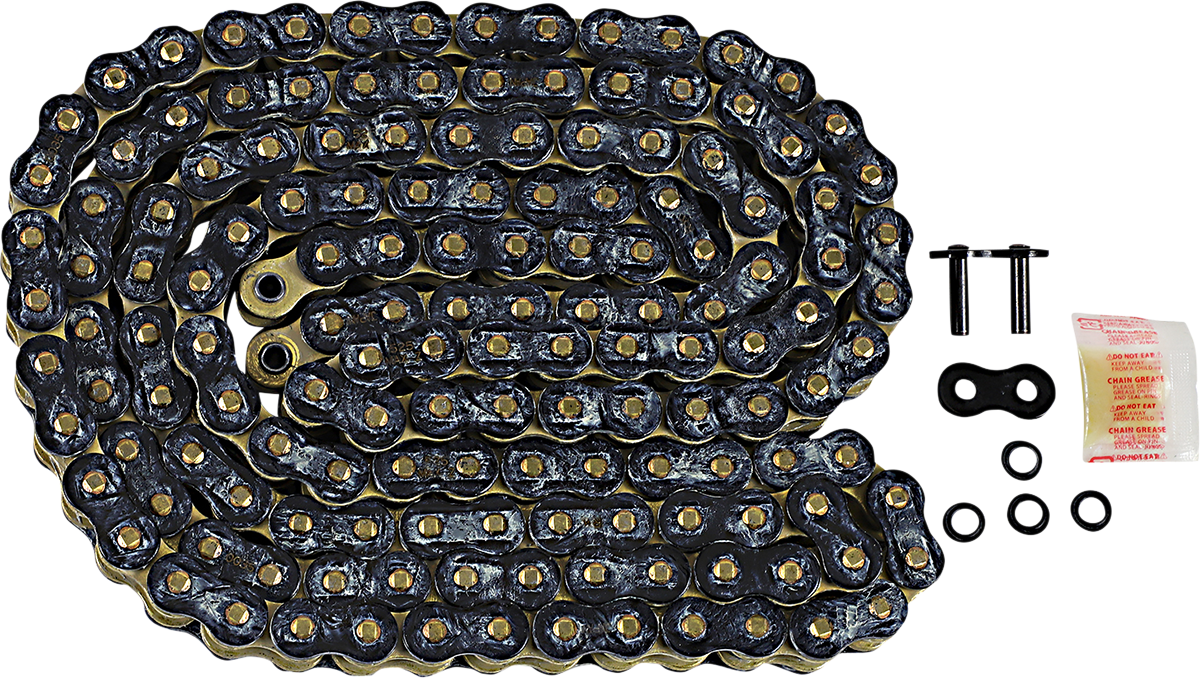 Gold RK 525 Max Z Drive Chain with 150 links, designed for motorcycles, showcasing the durable chain and gold finish.