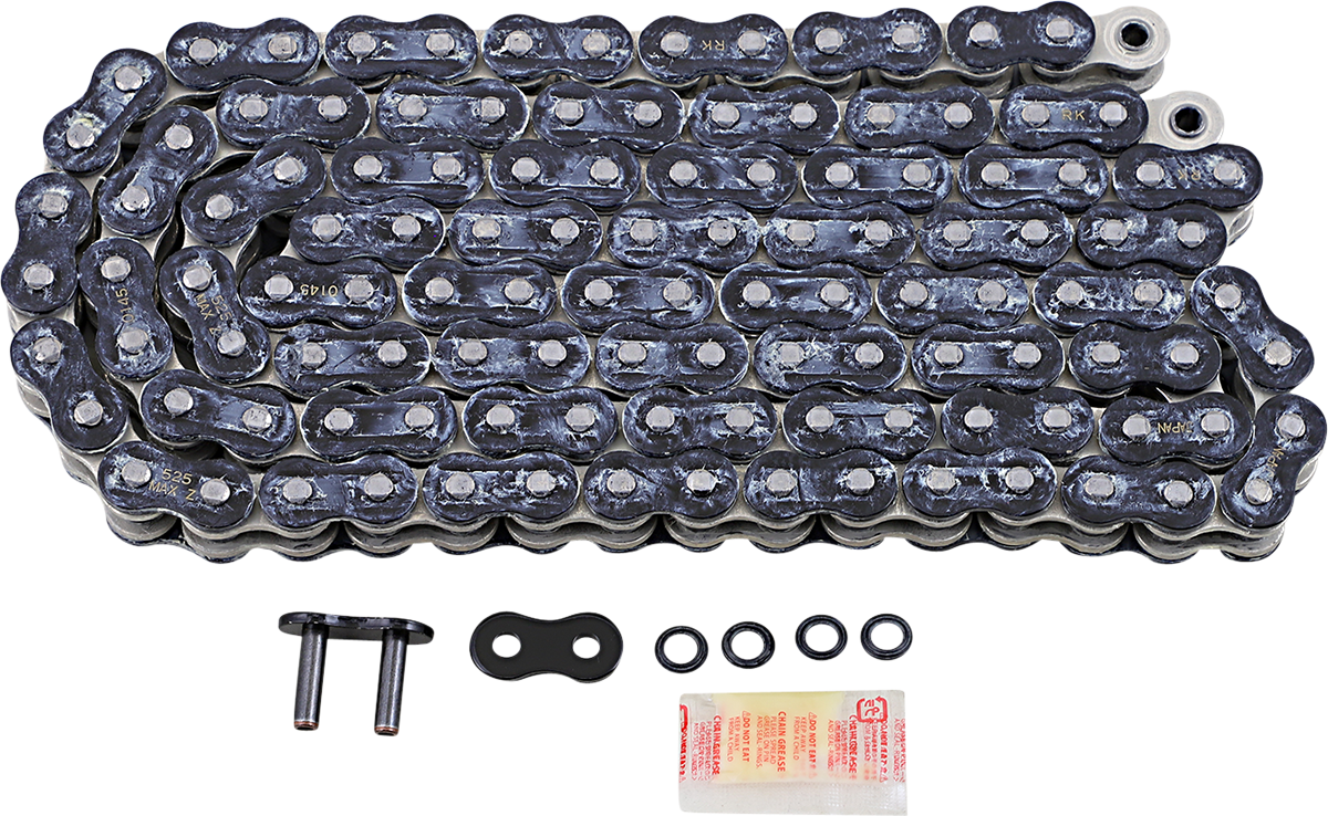 RK 525 Max Z Drive chain with 130 links in black and chrome, designed for high-performance street and adventure bikes.