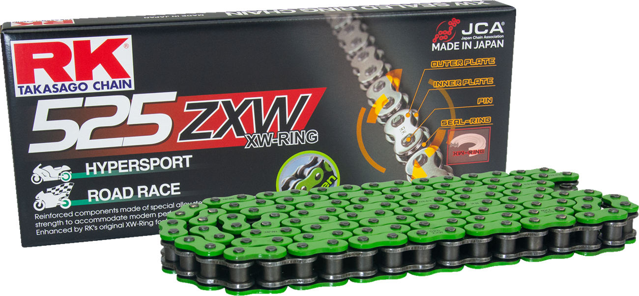 RK 525 ZXW Drive Chain for high-performance motorcycles, 150 links, durable steel chain with detailed link design.