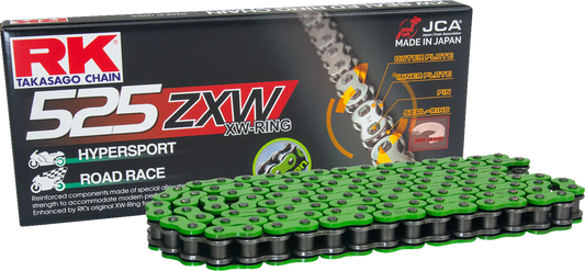 RK 525 ZXW Drive Chain for high-performance motorcycles, 150 links, durable steel chain with detailed link design.