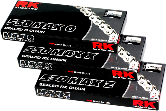 RK 530 Max X Drive chain with 160 links, high-performance O-ring chain for street and off-road motorcycles.