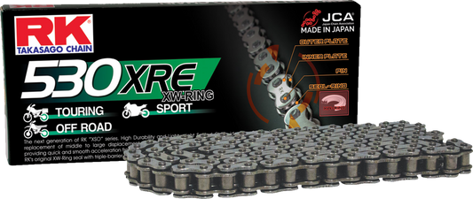 RK 530 XRE drive chain with 108 links for mid-size motorcycles, showing the durable metal chain and link details.