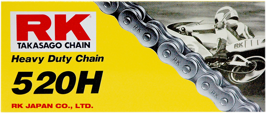 RK M520 standard chain with 106 links, heavy-duty alloy steel construction, suitable for motorcycle or industrial use.
