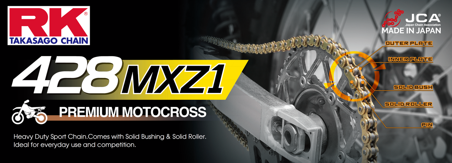 RK EXCEL gold drive chain GB428MXZ1 for Mini MX and SX racing bikes, 428 x 130 size, durable motorcycle chain.