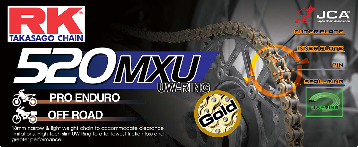 RK EXCEL Gb520mxu motorcycle drive chain in gold, 520 x 120, showcasing the durable chain for motorcycle performance.