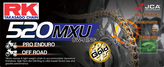 RK EXCEL Gb520mxu motorcycle drive chain in gold, 520 x 120, showcasing the durable chain for motorcycle performance.