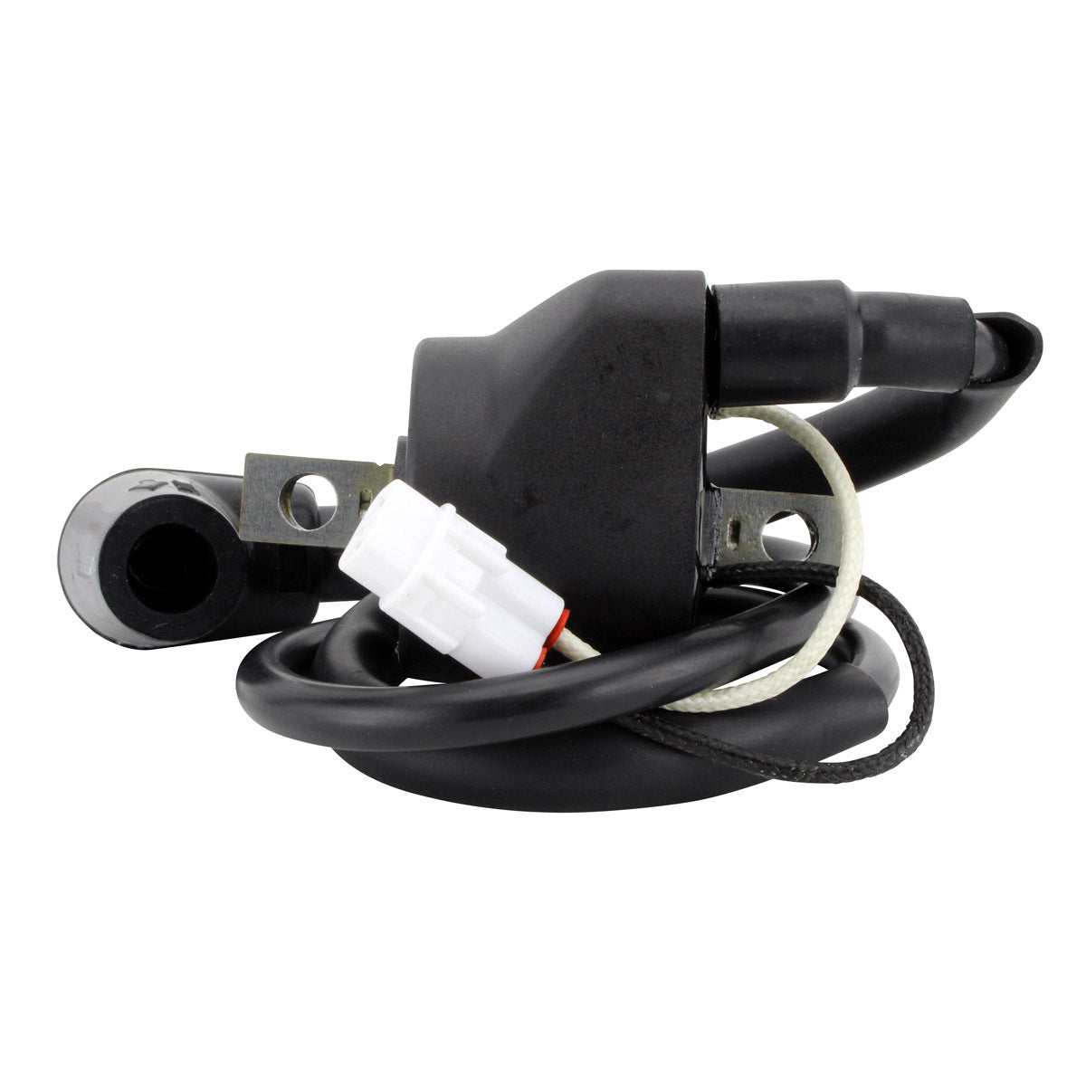 RM STATOR external ignition coil with spark plug cap for motorcycle, showing the coil and attached spark plug cap.