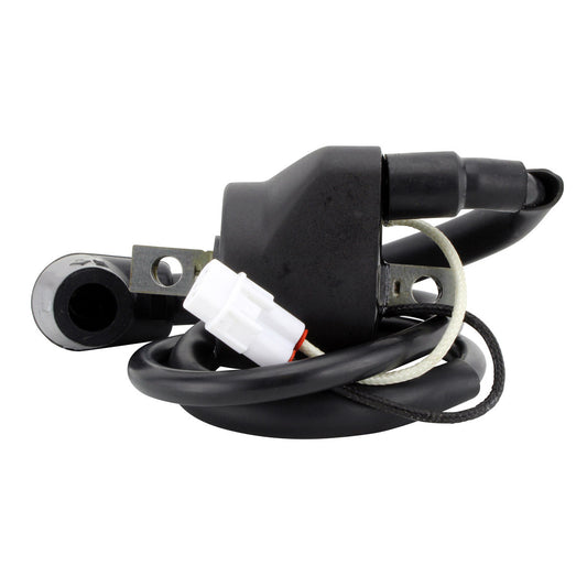 RM STATOR external ignition coil with spark plug cap for motorcycle, showing the coil and attached spark plug cap.