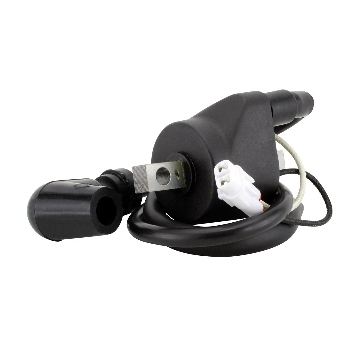 RM STATOR external ignition coil with spark plug cap for motorcycle, showing the coil and attached spark plug cap.