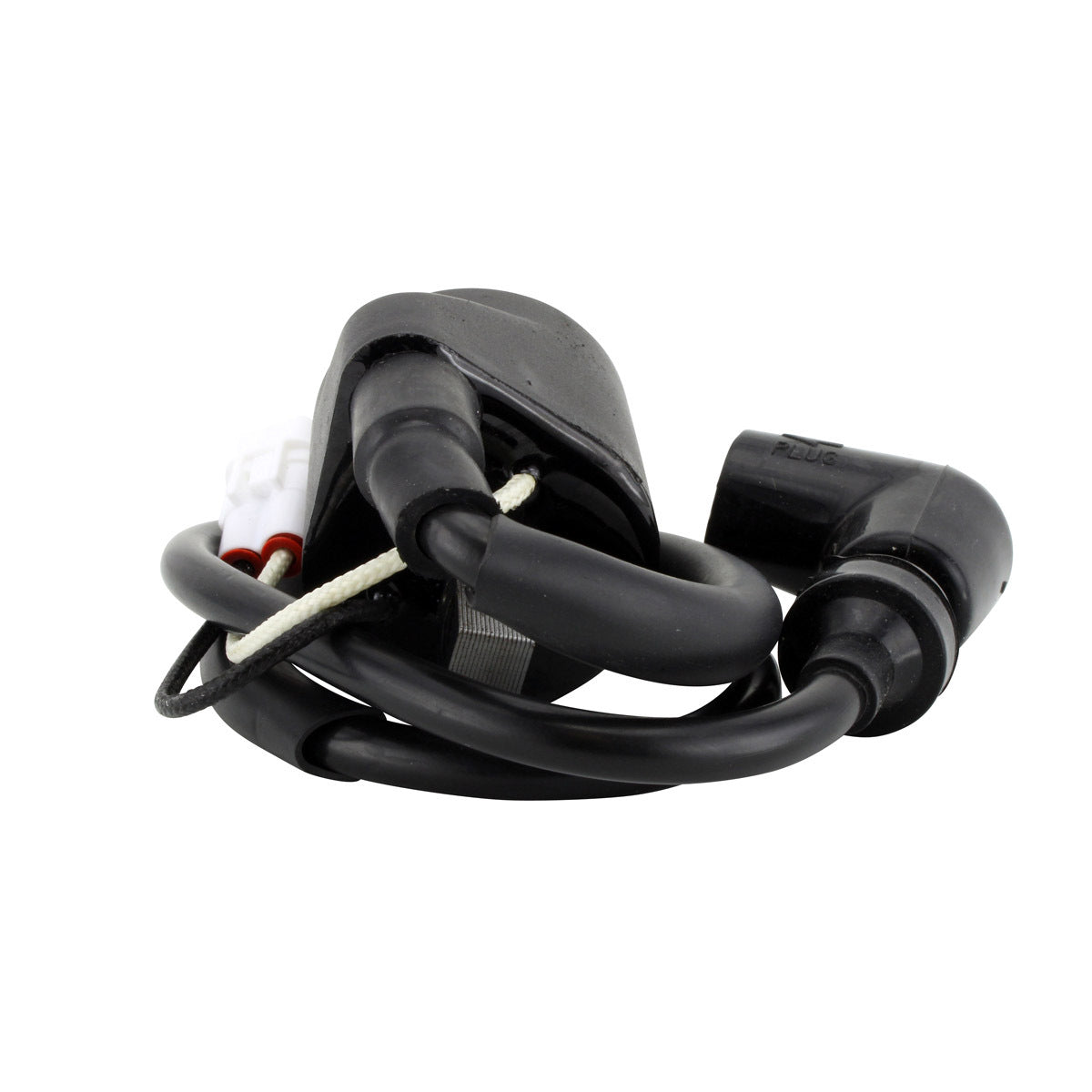 RM STATOR external ignition coil with spark plug cap, compatible with Part RMS060-105986, for motorcycle ignition systems.