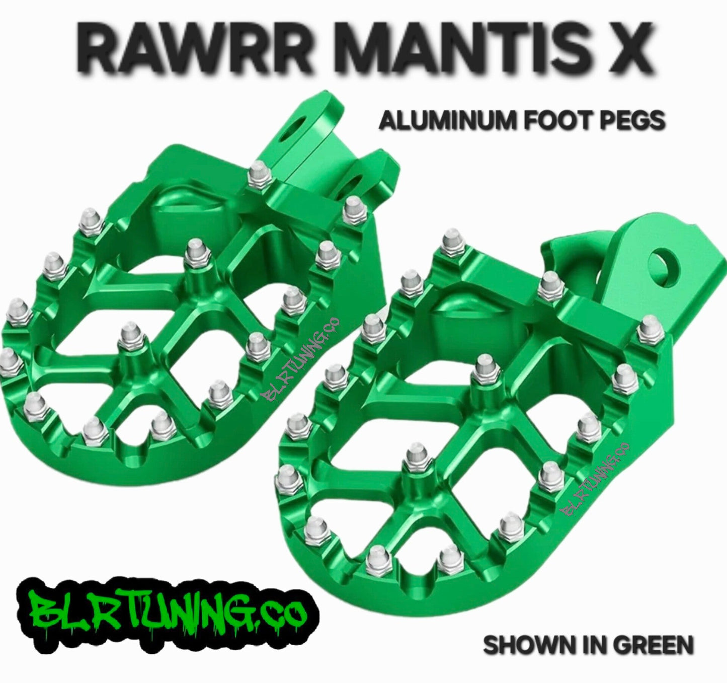 FOOT PEGS FOR RAWRR MANTIS X AND MANTIS X PRO BILLET ALUMINUM WITH STAINLESS STEEL TEETH BY BLR TUNING - Howling Moto