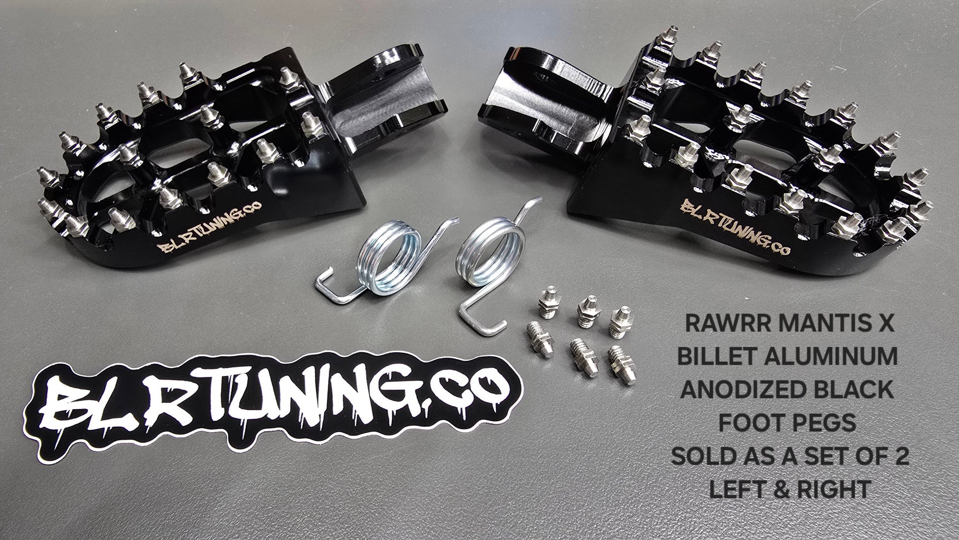 FOOT PEGS FOR RAWRR MANTIS X AND MANTIS X PRO BILLET ALUMINUM WITH STAINLESS STEEL TEETH BY BLR TUNING - Howling Moto