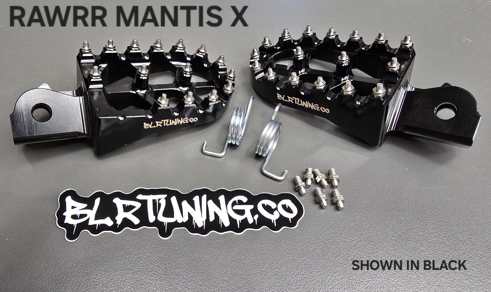 FOOT PEGS FOR RAWRR MANTIS X AND MANTIS X PRO BILLET ALUMINUM WITH STAINLESS STEEL TEETH BY BLR TUNING - Howling Moto
