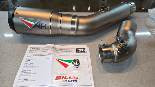 Austin Racing CBR1000RR 2008-2013 GP1 Titanium race exhaust system with DE CAT for sportbike, showcasing the sleek, lightweight design.
