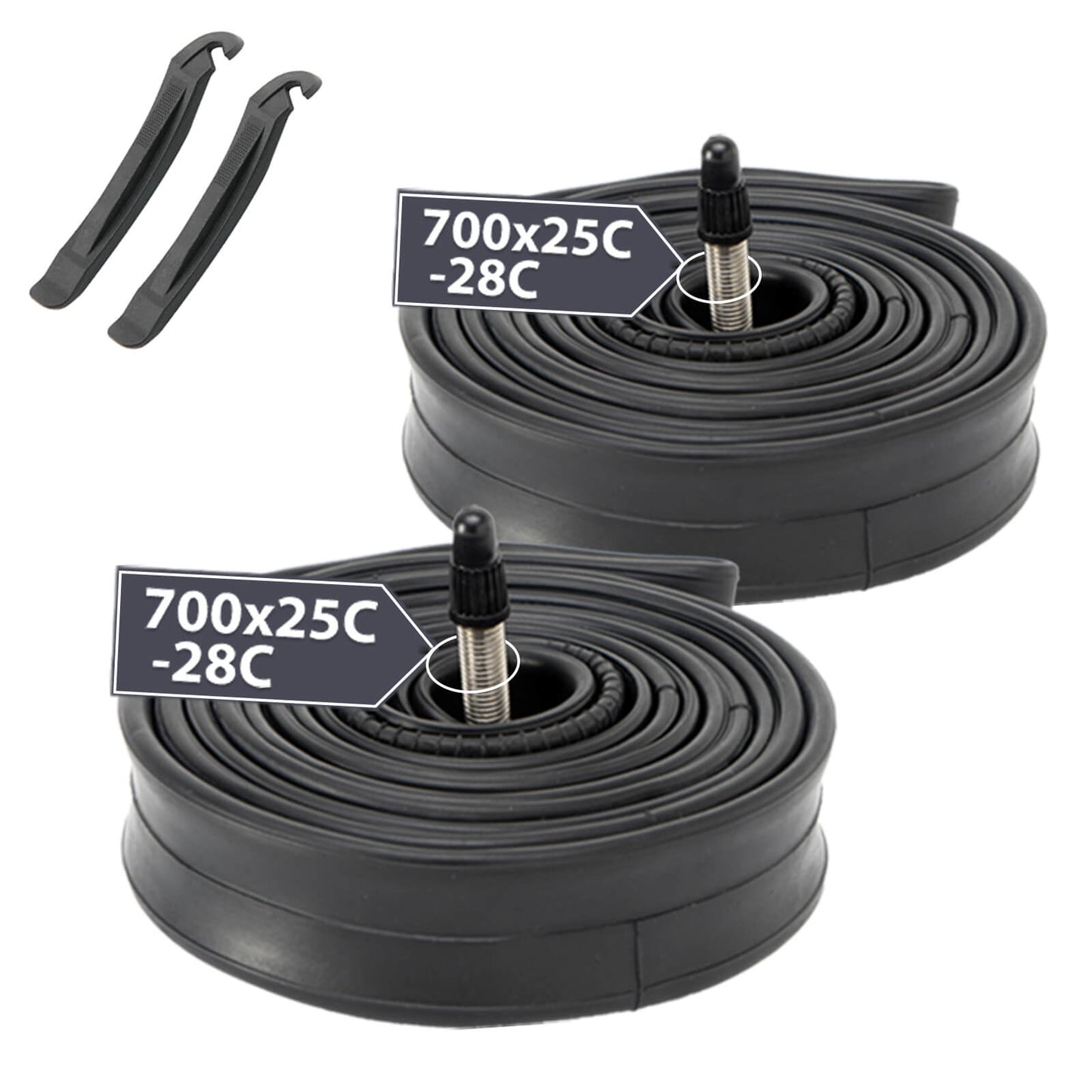 Hycline road bike inner tube for 700×25C tires, suitable for 35C, shown inflated with valve and rubber tube.