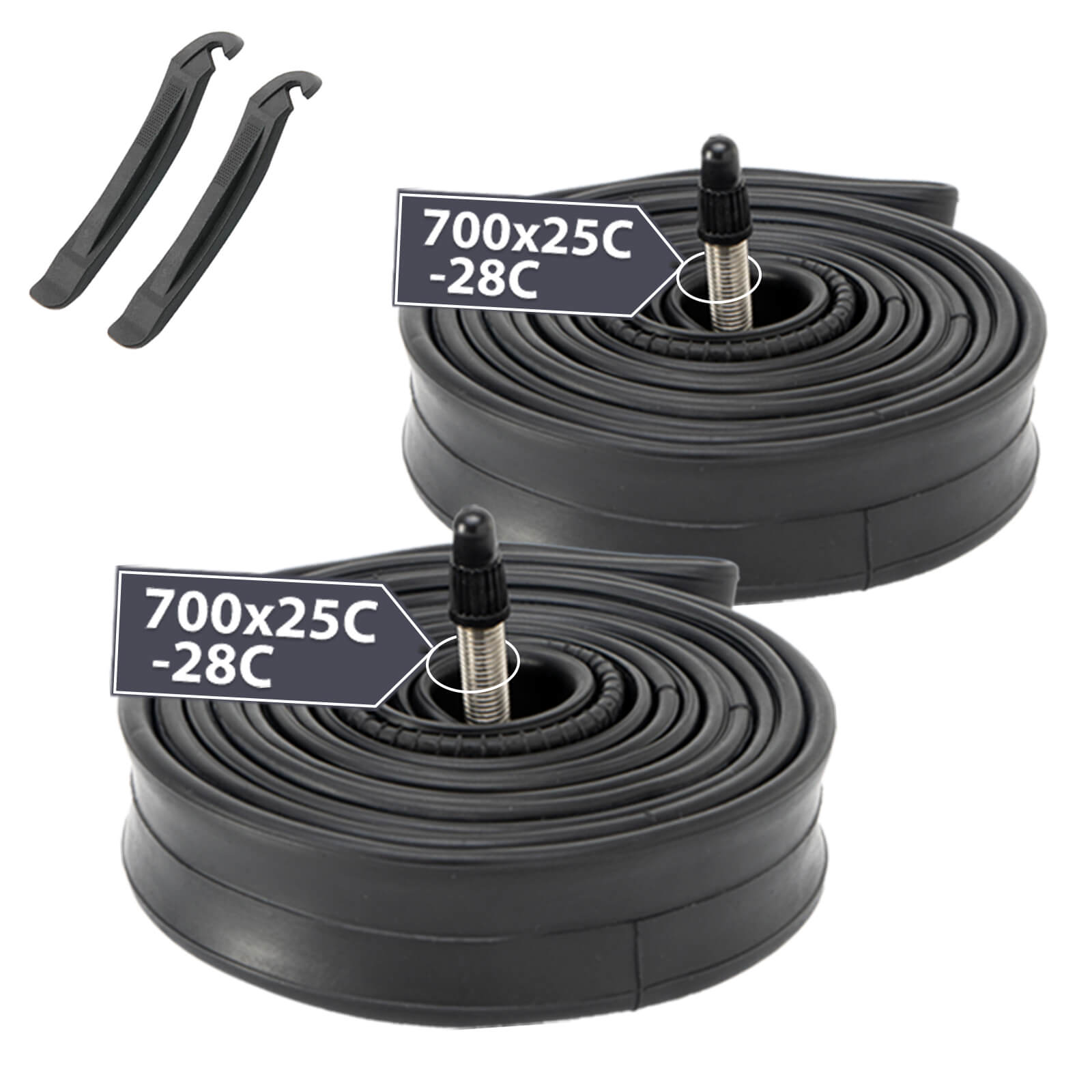 Hycline road bike inner tube for 700×25C tires, suitable for 35C, shown inflated with valve and rubber tube.